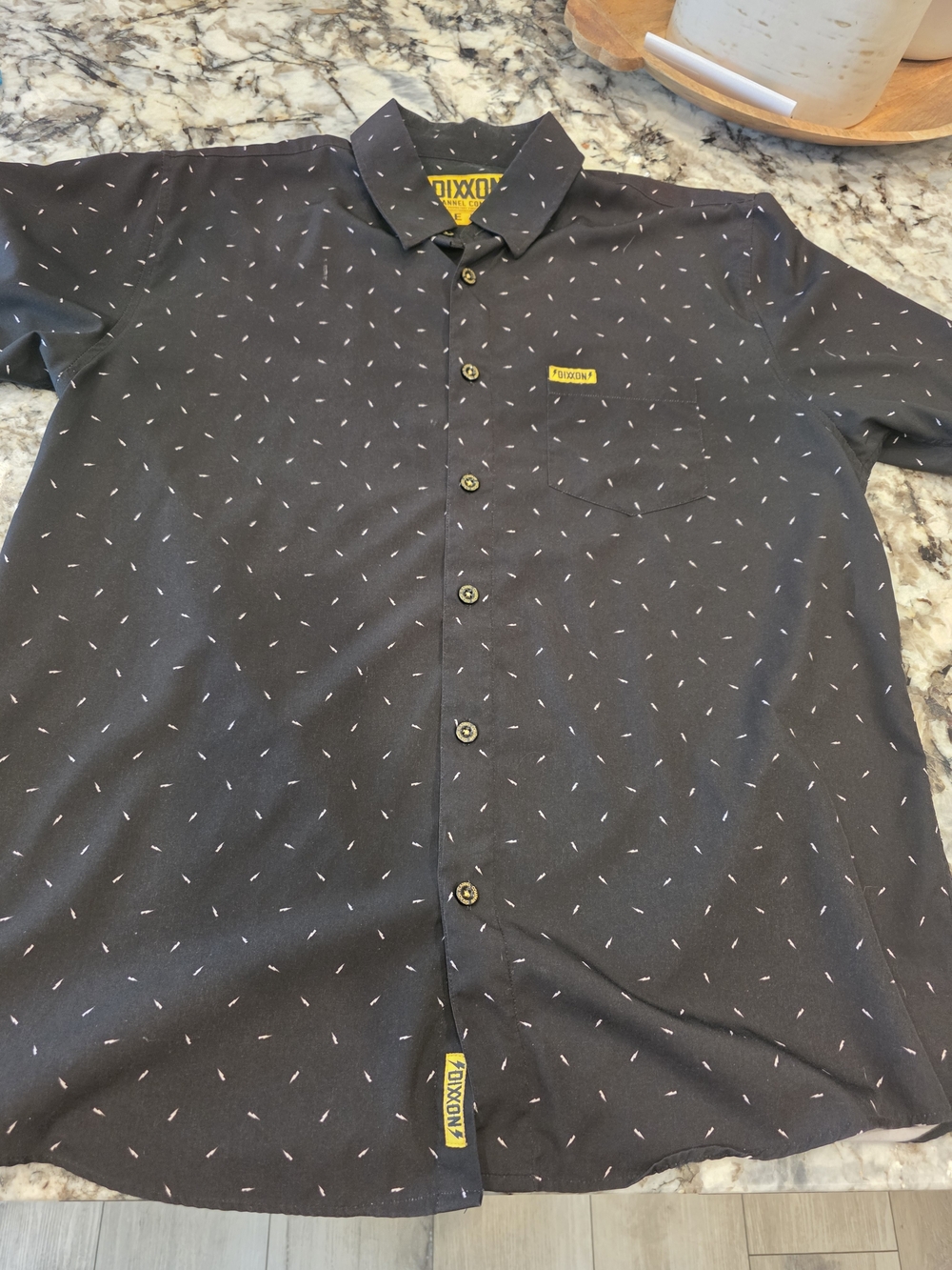 DIXXON The Bolt Black Short-Sleeve Button-Down Shirt with White Dash Print